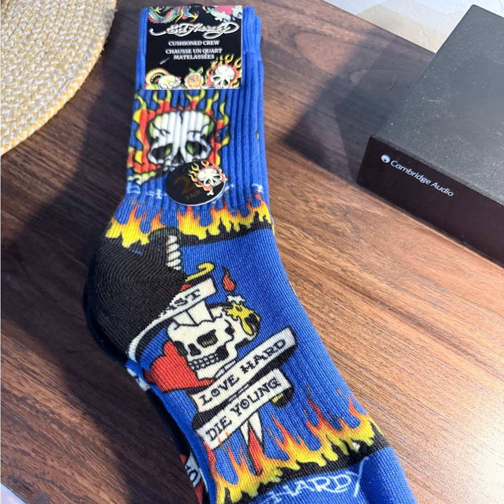 Ed Hardy Blue Skull & Flame Crew Socks with Banner Graphic